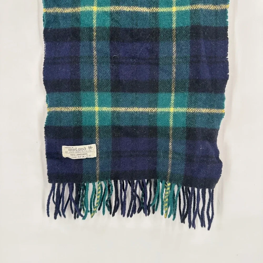 Vintage‎ Ireland lambswool Winter Scarf Tartan Plaid Blue Green Yellow Men